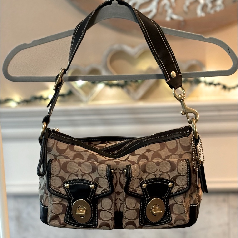 Coach Legacy Signature Shoulder Bag F12869 Canvas~Leather Khaki~Black MSRP $348
